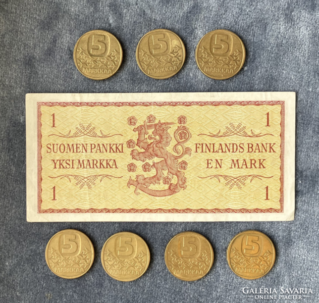 Finn 1 Markk - bankjegy és 5 Markk fémpénzek qz 1960-as évekből