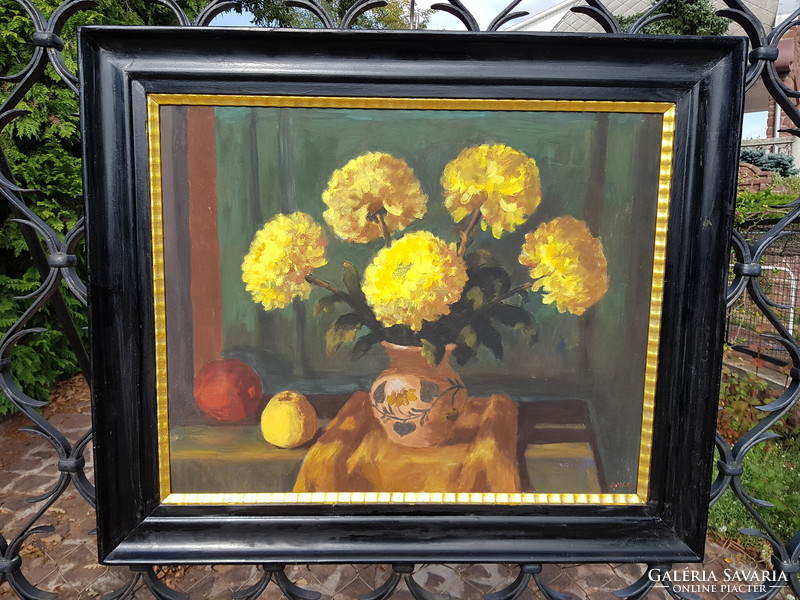 Schey Ferenc Krizantém sárga olaj farost falc 55x70 cm antik képkeret Csendélet festmény külm: 70x90