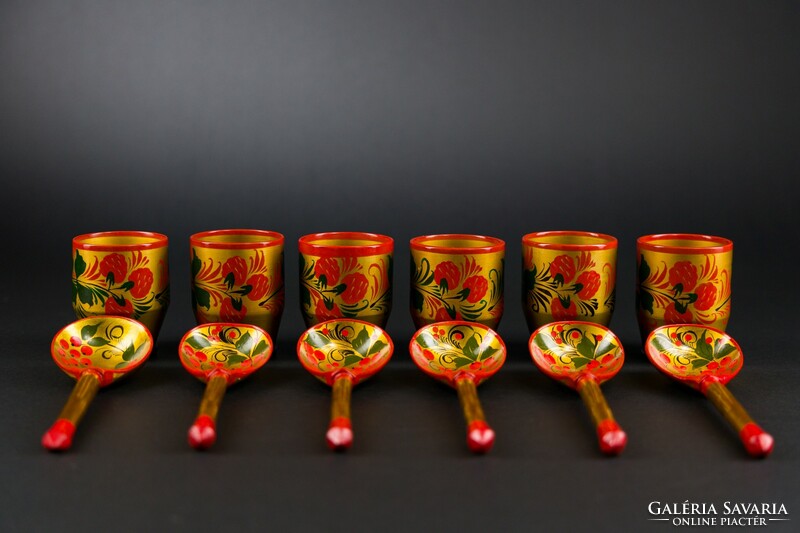 Russian, hand-painted lacquer wooden glasses, spoons. 12 Pcs.