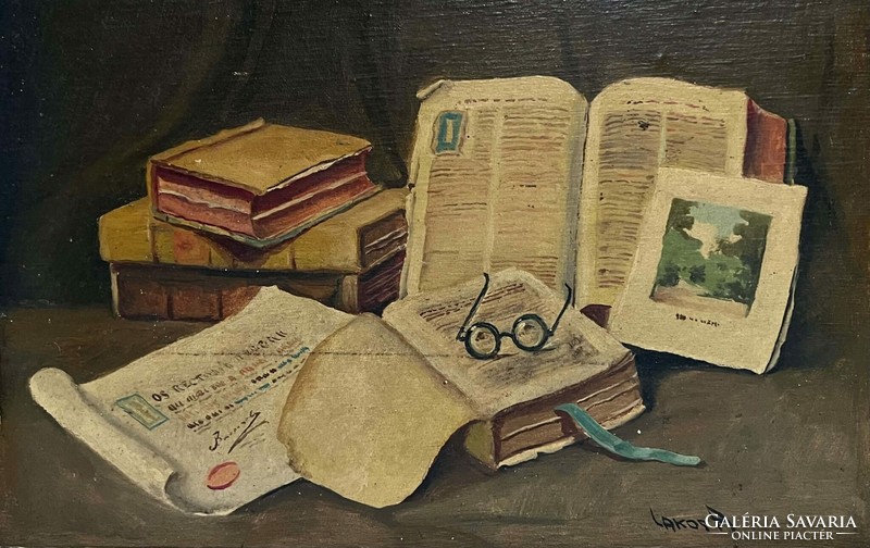 Lakos Alfréd (1870-1961) Asztalon heverő könyvek I. /számlát adunk/