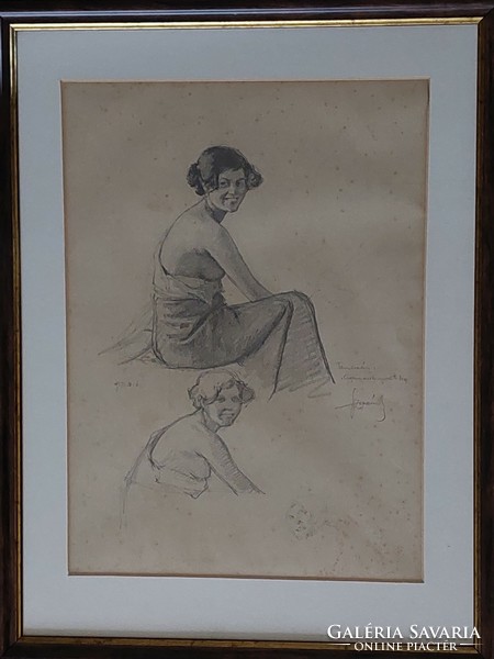 Sándor Szopos - gypsy women - pencil drawing framed, under glass - Transylvanian private collection