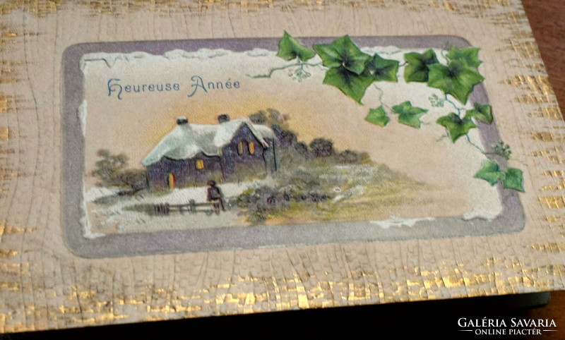 Antik dombornyomott Újévi üdvözlő litho képeslap -  díszes keretben téli táj  1909ből