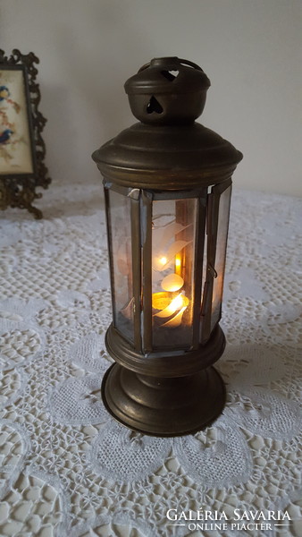 Antique copper candle holder with polished crystal glass