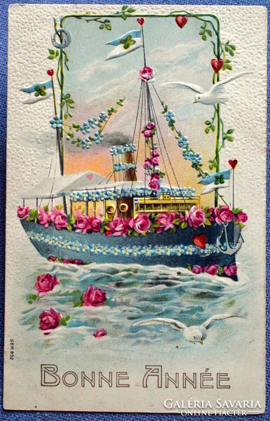 Antik dombornyomott Újévi üdvözlő litho képeslap - gőzhajó rózsa nefelejcs  sirály