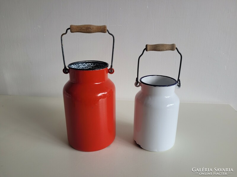 2 Pcs enameled old vintage iron milk jug red and white enameled small jug decoration 1 and 2 l