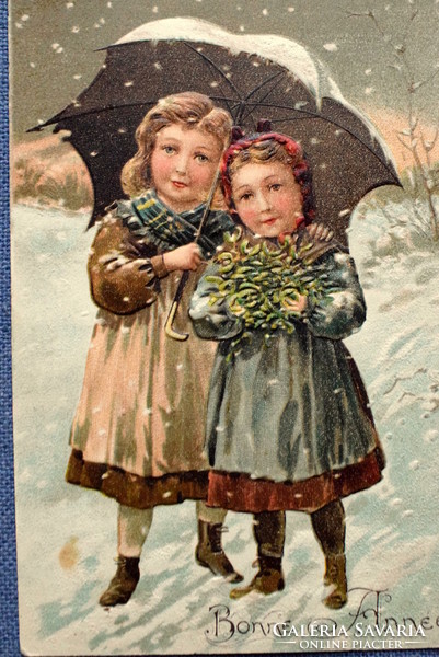 Antik dombornyomott Újévi üdvözlő litho képeslap - kisleányok esernyővel a hóesésben  1906ból