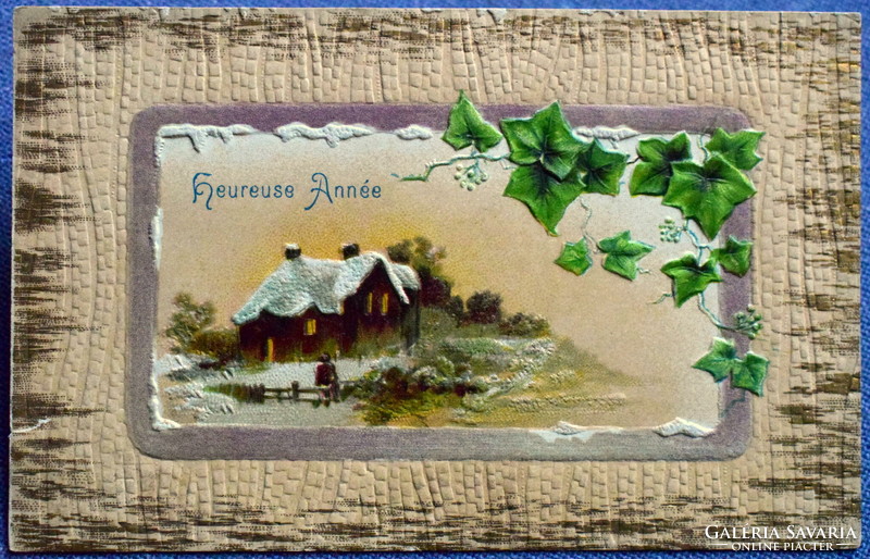 Antik dombornyomott Újévi üdvözlő litho képeslap -  díszes keretben téli táj  1909ből