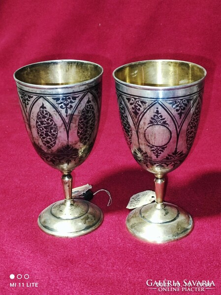 2 Silver stemmed glasses with black tendril decoration from Dagestan