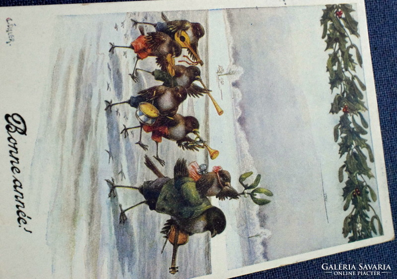 Antik C Öhler Újévi üdvözlő litho művész képeslap - madár zenekar  1922ből