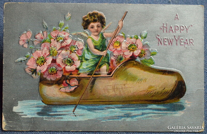 Antique silver background embossed New Year litho postcard - angel shoe boat flower
