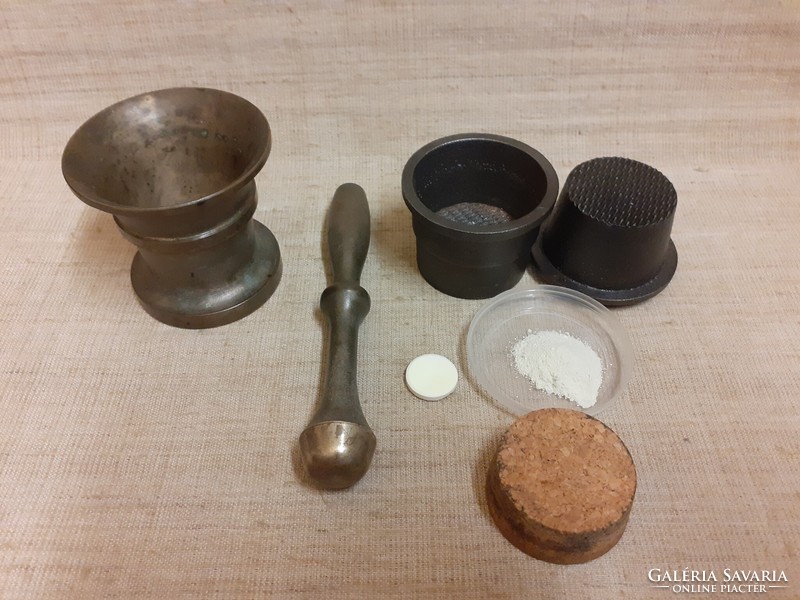 Old marked (cccp) apothecary copper mortar and cast iron hand grinding jar, hand mill