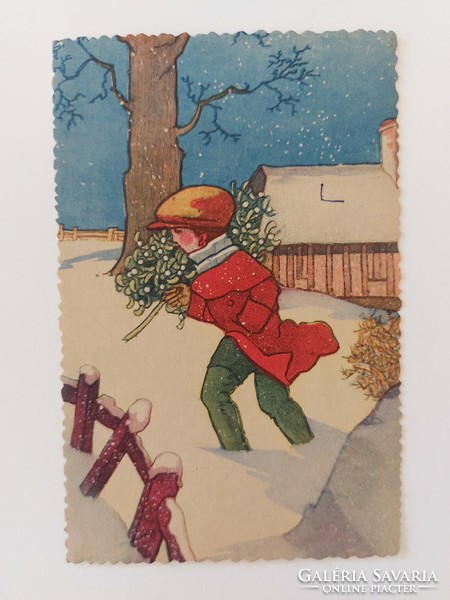 Old Christmas card postcard little boy mistletoe snowfall