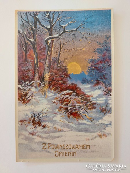 Régi karácsonyi képeslap havas erdő aranyló Nap