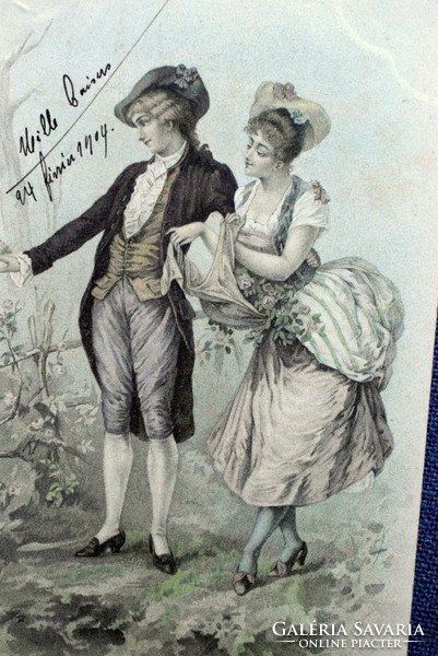 Antik A&M B  grafikus üdvözlő litho képeslap - szerelmes pár  1909ből