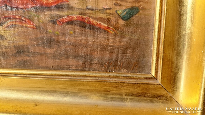Jelzett olaj-karton festmény, homárt lakomázó madarak