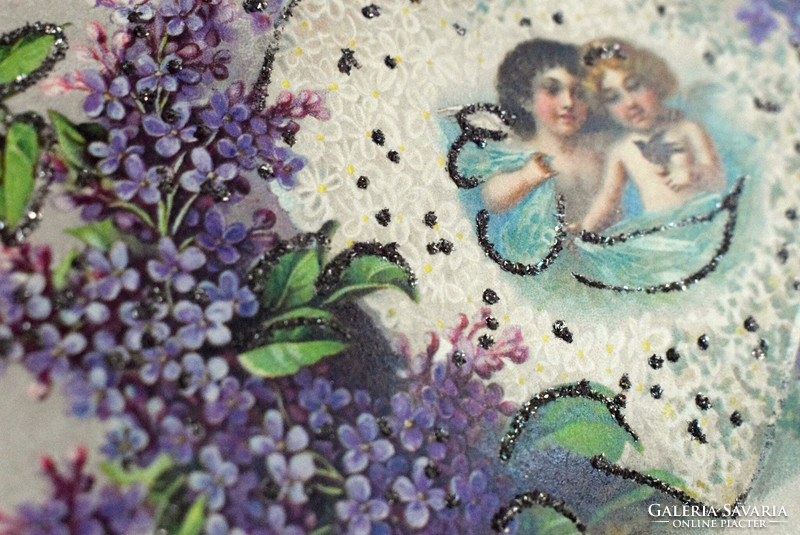 Antik glitteres litho képeslap - tündérkék virág szívben madár orgona  / érdekes reklámmal