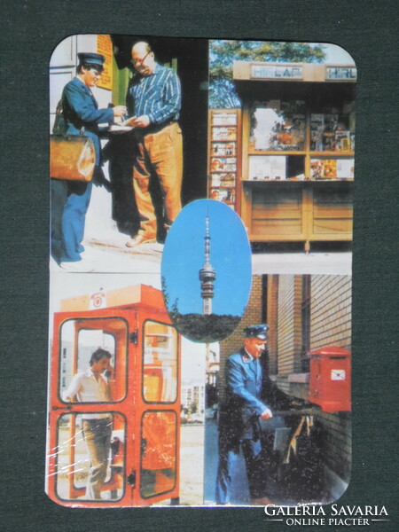 Card calendar, Pécs, post office, mosaics, newspaper pavilion, telephone booth, postman, 1986, (1)