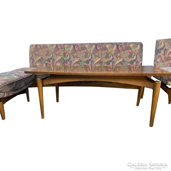 Mid-century klub szett. Kanapé + 2 fotel + lábtartó + asztal - 1960/70 - eredeti huzat