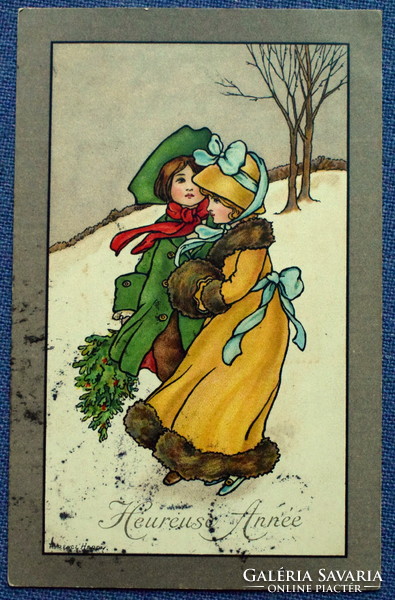 Antik MM Vienne /M Munk Újévi üdvözlő litho művész képeslap - gyerekek karácsonyfával téli táj 1915