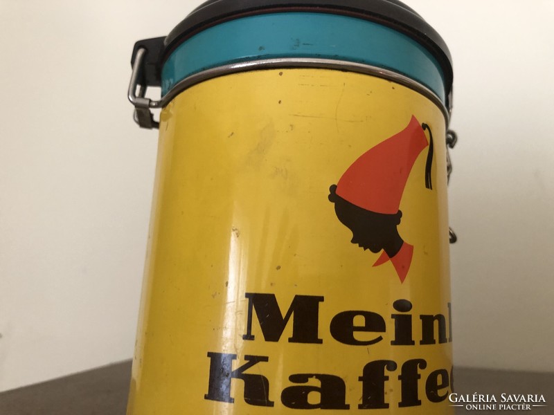 2db régi Julius Meinl csatos kávés doboz, fém doboz műanyag tetővel