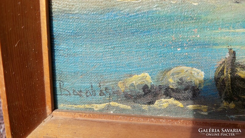 Barabás olaj-vászon festmény, vízpart csónakkal