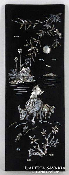 1P251 Chinese mother-of-pearl inlaid lacquered picture 39 x 14 cm