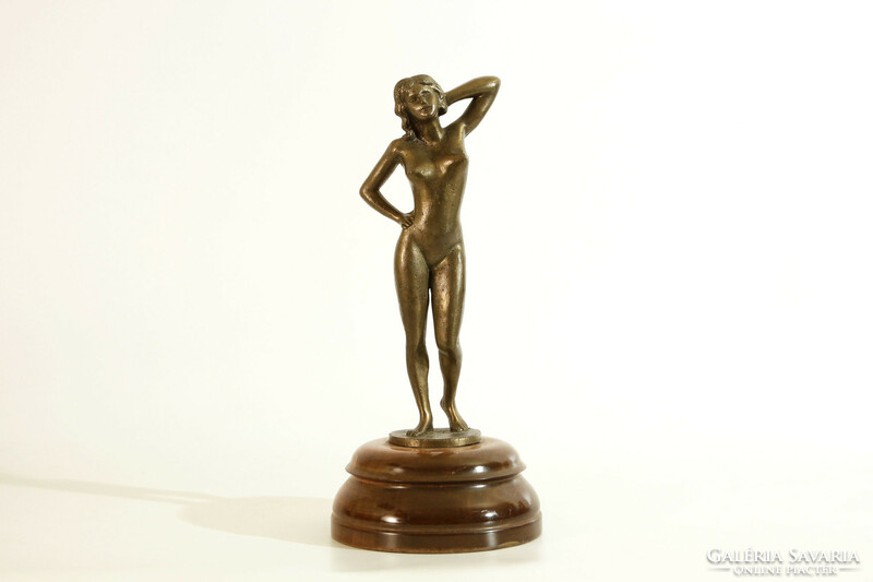 36cm Réz bronz női akt szobor figura fa talapzaton