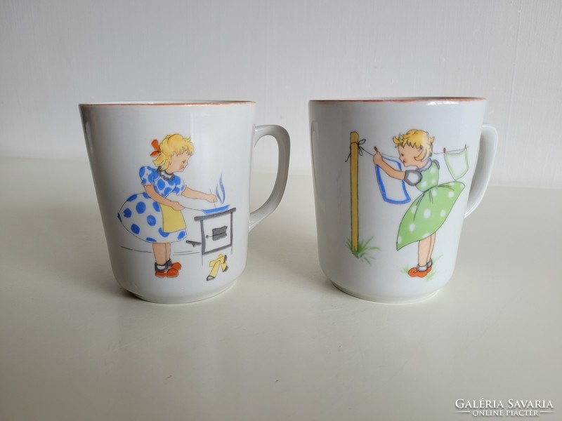 2 Old Zsolnay mugs, tea mugs, tea mugs, tea cups, little girls' patterned mugs, children's mugs