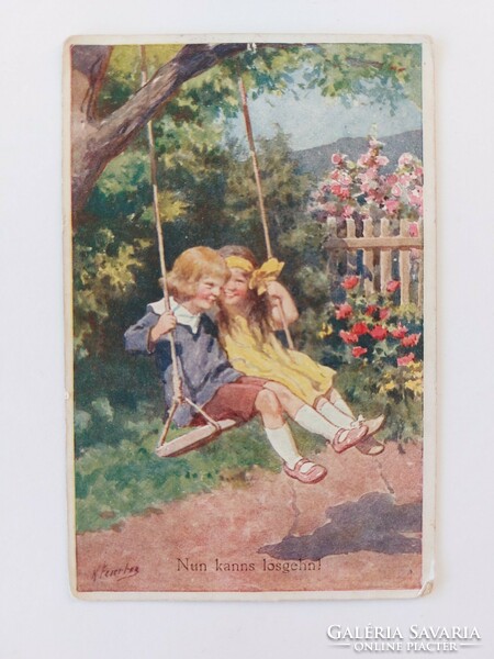 Régi képeslap 1932 levelezőlap hintázó gyerekek