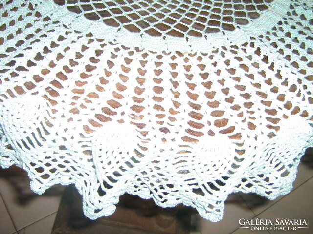 Beautiful light blue crochet antique oval wavy edge lace tablecloth