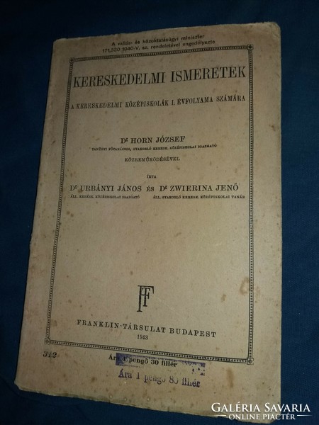 1943. Kereskedelmi ismeretek sohasem használ belül vágatlan lapok tankönyv FRANKLIN