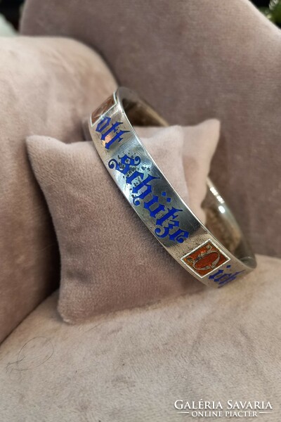 Antique silver bracelet with fire enamel decoration: gott schütze dich