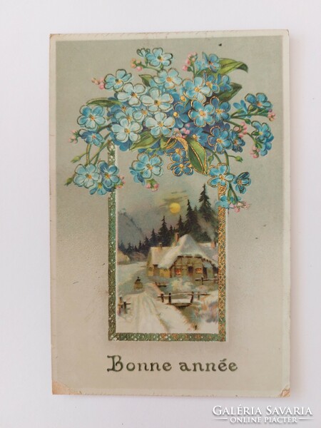 Régi képeslap 1913 újévi levelezőlap nefelejcs havas táj