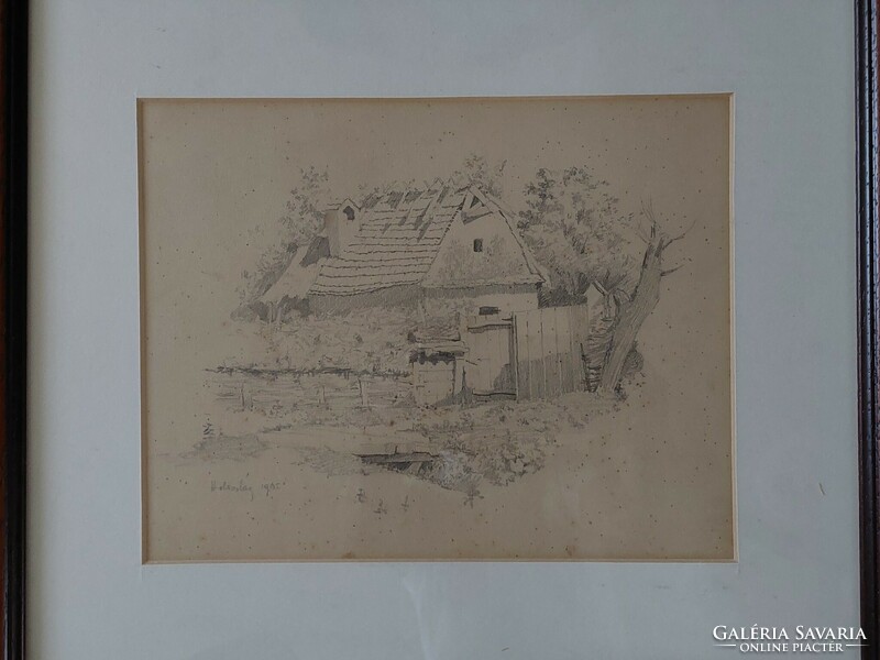 Sándor Szopos - cottage - study - pencil drawing framed, under glass - Transylvanian private collection