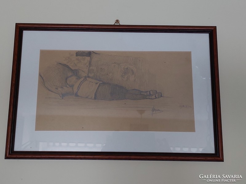 Sándor Szopos - little boy sleeping on a sofa - pencil drawing framed, under glass - Transylvanian private collection