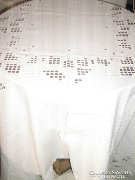 Beautiful huge azure embroidered woven white needlework tablecloth