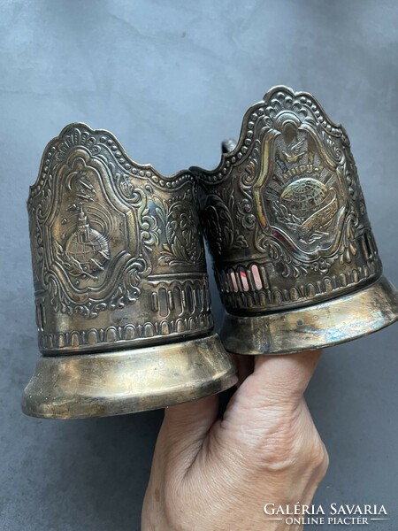 Patinás szép mintázatú ezüstözött orosz pohár tartók párban