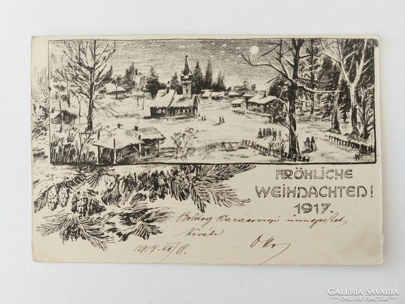 Régi karácsonyi képeslap1917 levelezőlap havas táj