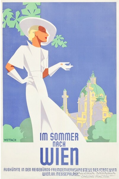 Vintage art deco Austrian travel advertisement poster reprint print Vienna 1930 woman white dress hat fashion
