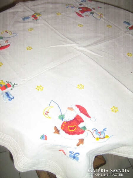 Charming hand-embroidered Santa Claus white tablecloth