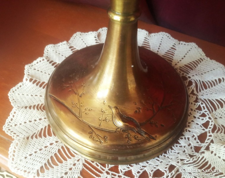 Antique copper kerosene lamp - with bird engraving, pearl fringes !!!