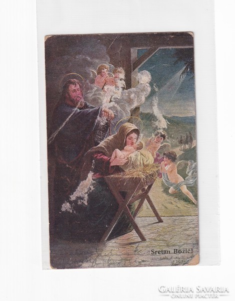 K:084 Karácsonyi Antik képeslap Vallásos (elején sérült lap)