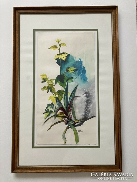 Botanikus témájú akvarell, üvegezett fa keretben