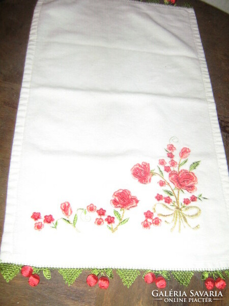 Beautiful white lacy-edged cherry machine embroidered towel