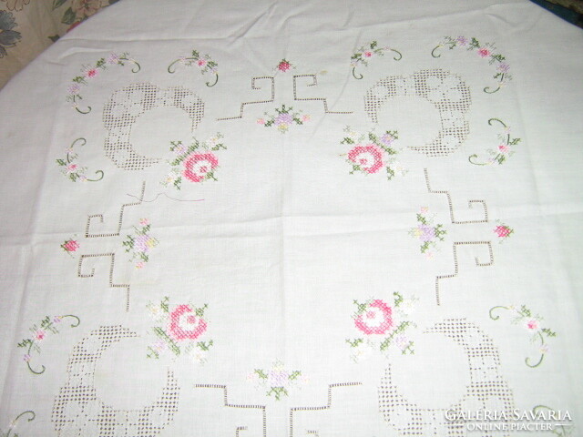 Beautiful hand embroidered pastel cross stitch azure lacy vintage rosy needlework tablecloth