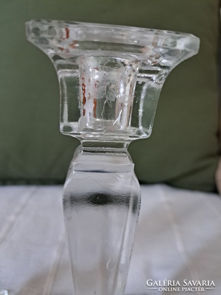Pair of old, vintage glass candle holders, one defective