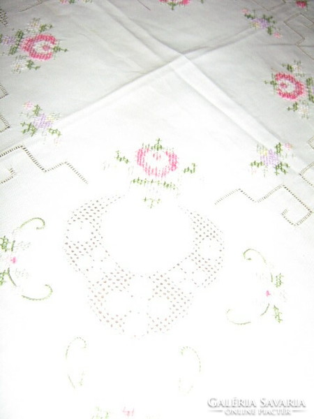 Beautiful hand embroidered pastel cross stitch azure lacy vintage rosy needlework tablecloth