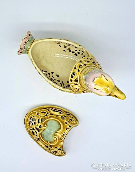 Zsolnay's duck-shaped ornamental dish designed by Tádé Sikorski from the Rococo series