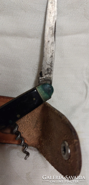 Vintage old three-function knife, in original leather sheath