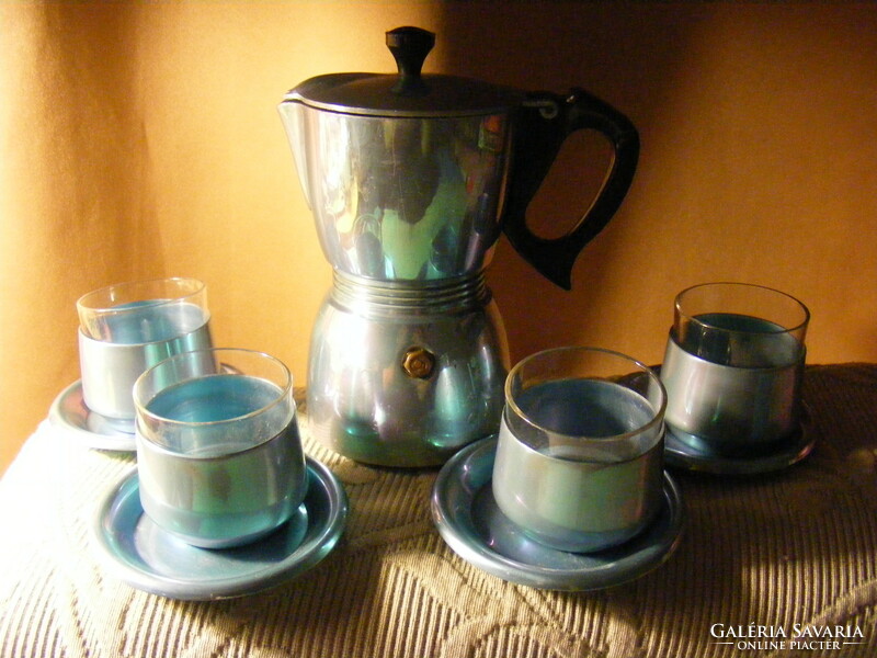 Retro 4-person blue knocker coffee maker set, 70s